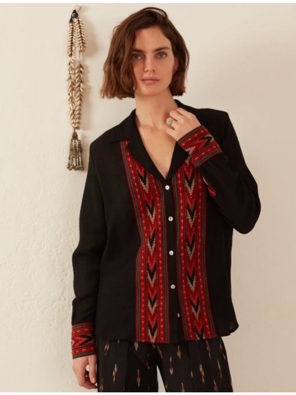 Alix of Bohemia Patti Arrow fine wool shirt with woven southwestern detail, L